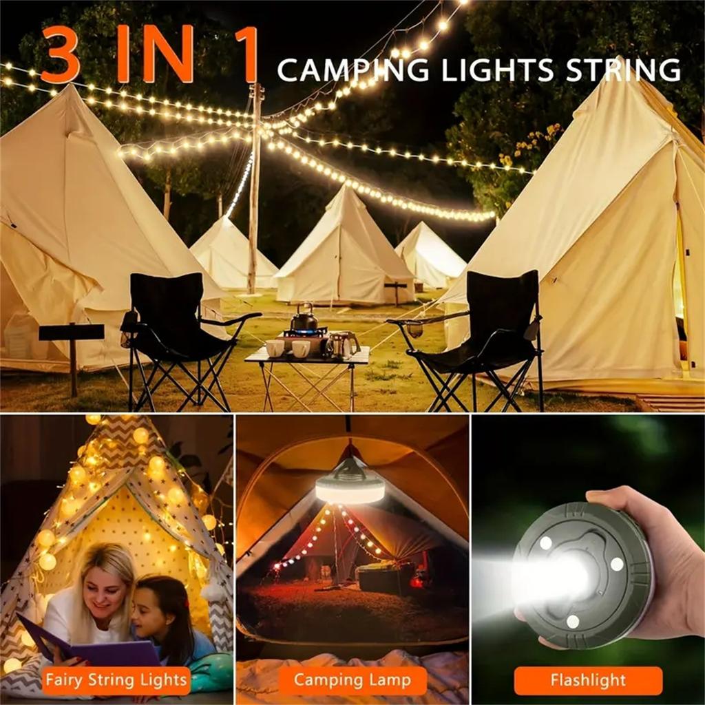 10M Camping String Light 3-in-1 Tent Light Rechargeable RGB&Warm Light 8 Mode Outdoor/Indoor Hanging LED Fairy Light For Camping