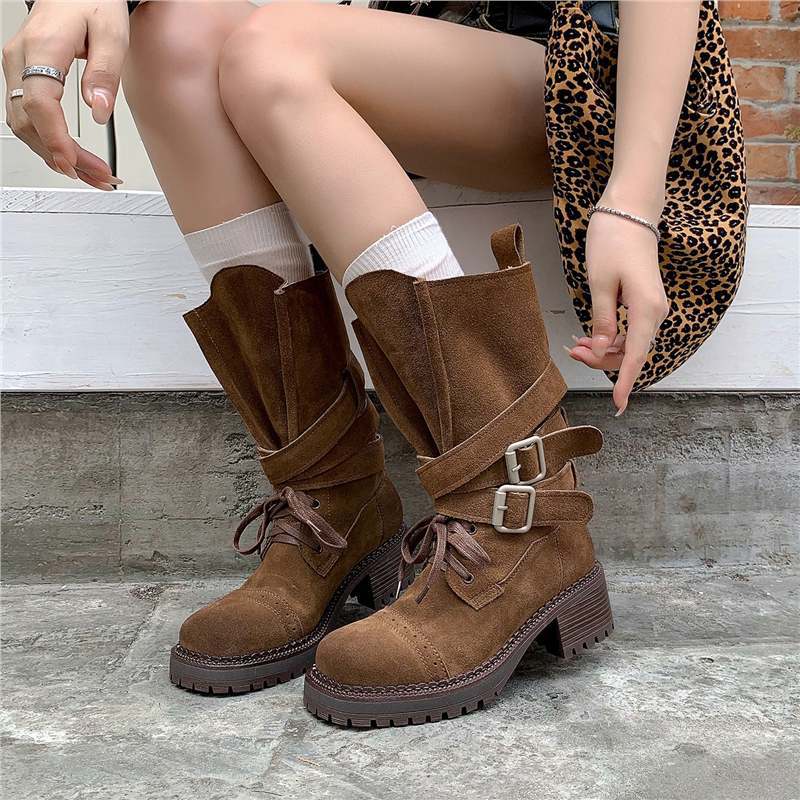 Version~ Retro Knight Boots Women'S Thick Heel Martin Boots Belt Buckle Mid Tube Western Cowboy Boots Locomotive Boots