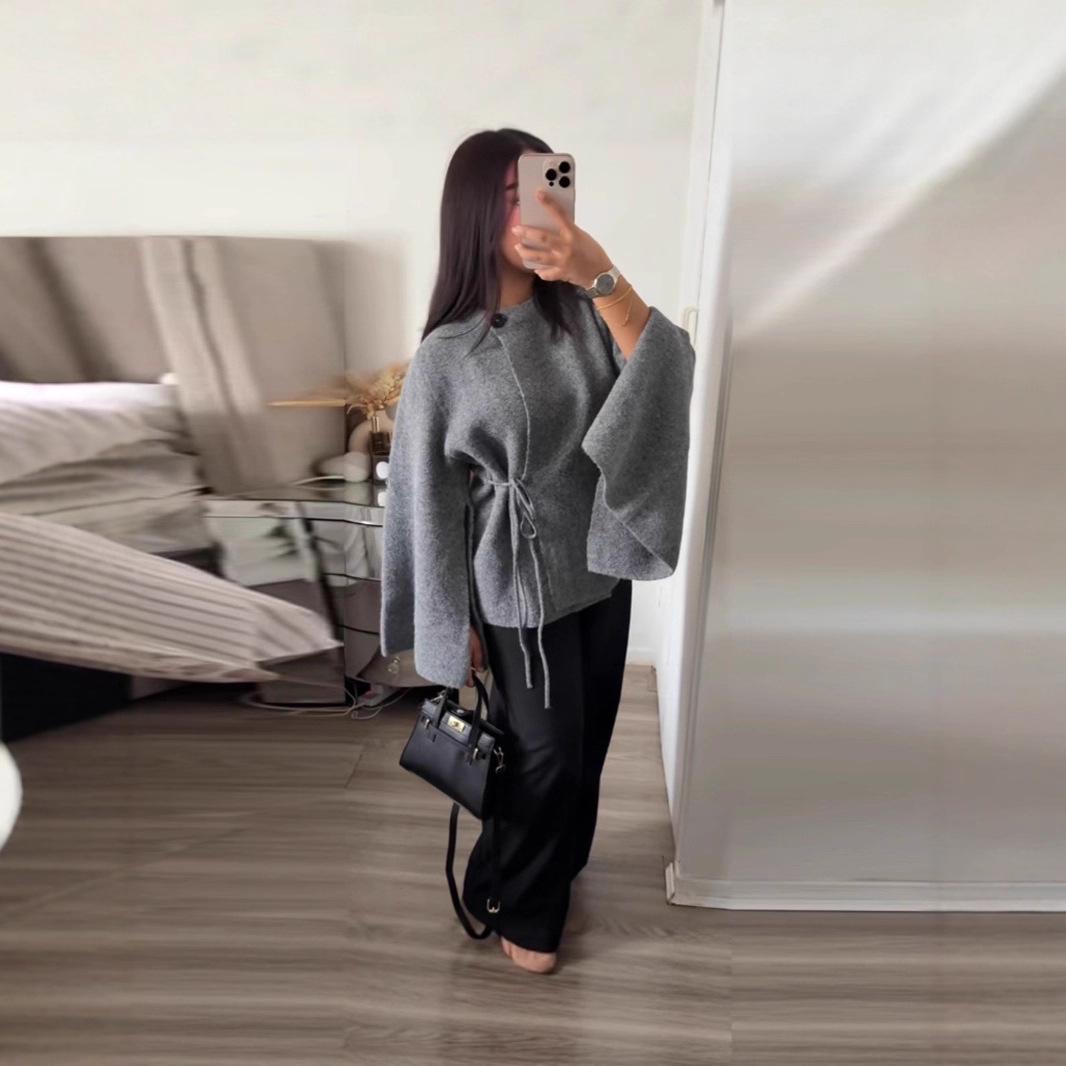 2025 Cross-Border European & American Women s Petite Loose Knit Cardigan - Autumn/Winter Long Sleeve Tie-Up Medium серый