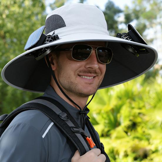 Fisherman Hat, Outdoor Sun Hat with Dual Power Solar USB Rechargeable Fan, Wide Brim Sun Protection Hat for Fishing Camping Hiking Gardening