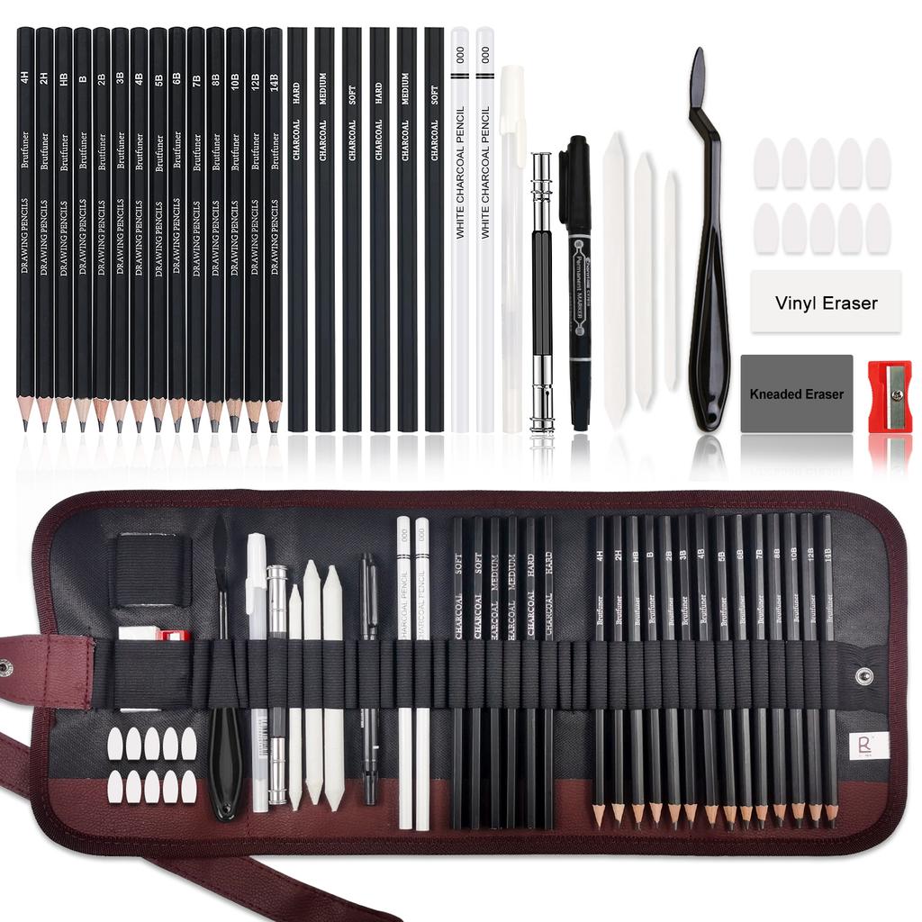 20/38/42/48 Pcs Sketch Pencil Set Sketching Kit Roll Up Canvas Wrap Bag Drawing Art Supplies Charcoals Kneaded Eraser PencilCase
