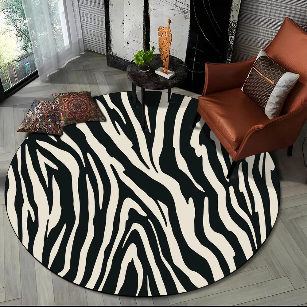 3D Barevný Pruhovaný Vzor Zebra Kulatý Koberec pro Obývací Pokoj, Ložnici, Dětský Herní Koutek Dekor, Protiskluzová Podložka do Zóny pro Domácí Mazlíčky