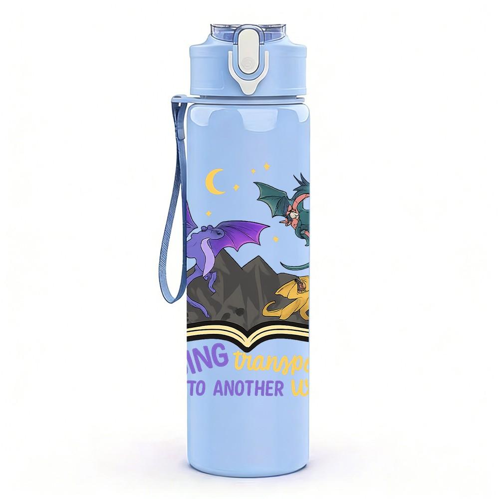 1PC Reading Dragon Quote Graphic 750ml Color Plastic Sports Water Bottle Leakproof Flip Straw Lid Suitable for Sports Office Home Use