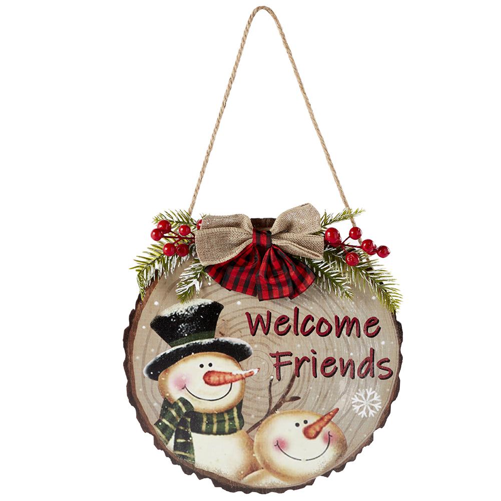 

Christmas Round Wooden Hanging Sign Pendant Bow Welcome Door Sign For Home Farmhouse Front Door Decor Snowman
