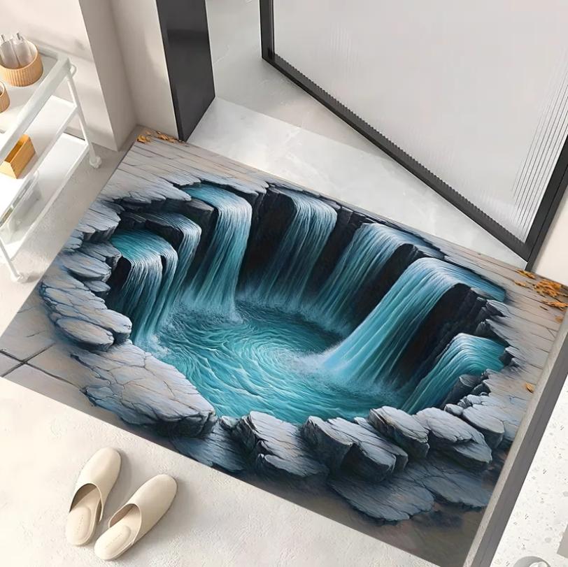 1 Stück Visuelle Illusion Geistermuster Fußmatte mit Lebhaftem Blauem Wasserfall und Felsen Badezimmer Schlafzimmer Wohnzimmer Eingang Teppich