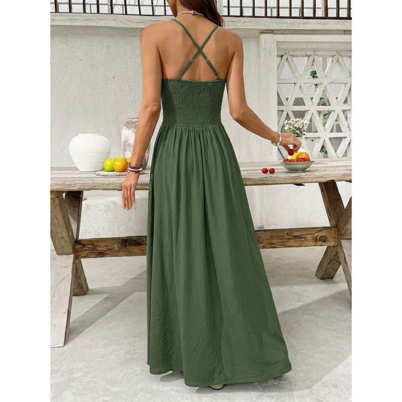 Ethnic Vacation Style Solid Color Lace Backless Spaghetti Strap High Waist Maxi Dress For Women