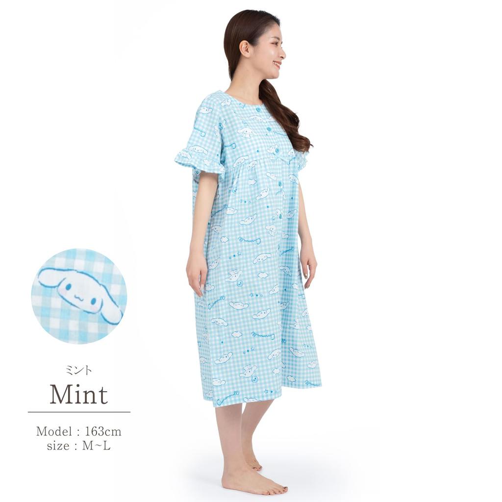 SAZAC Cinnamoroll Cotton Gingham Cinnamoroll Dress/Nightgown, 100% Broadcloth, Women's, Button-Front Loungewear, (Mint/M-L/SAN1781)