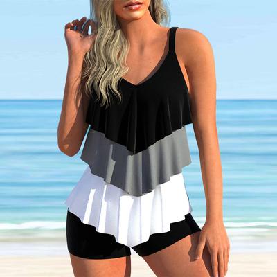 Sieviešu halter trīs krāsu peldkostīms ar apdruku Bikini Tankini peldkostīms
