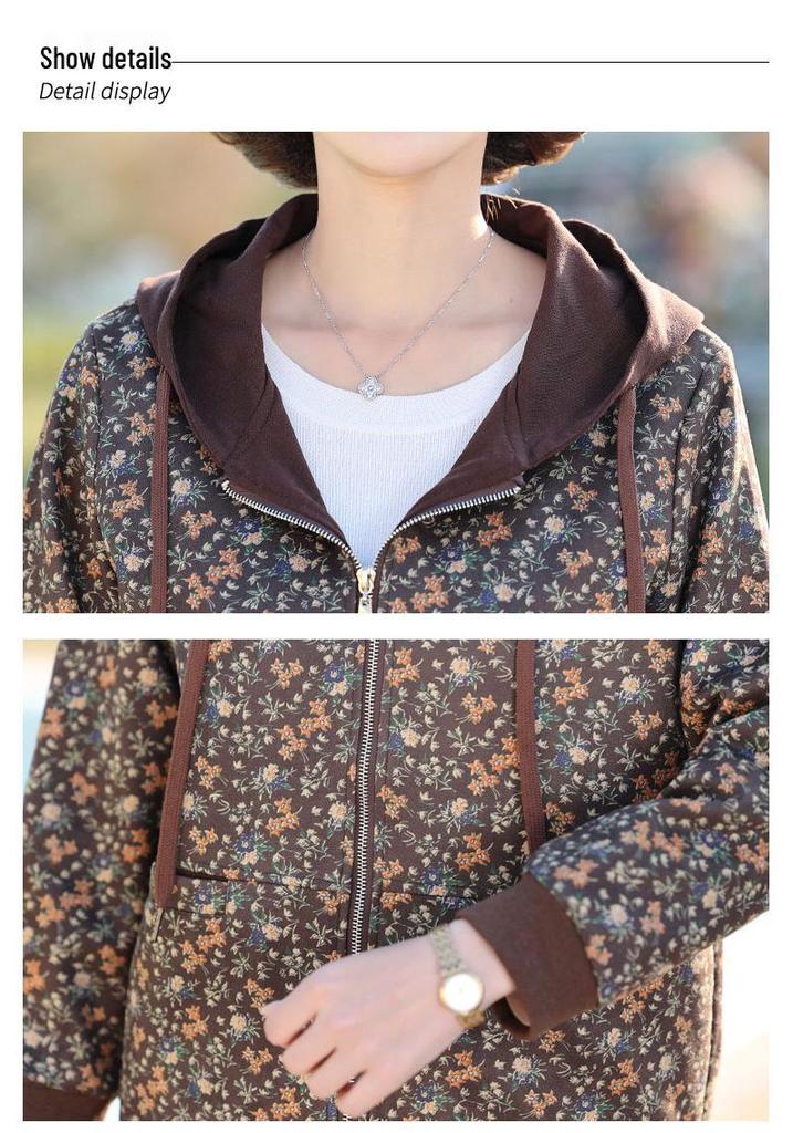 Elegant Print Hooded Jacket for Middle-Aged Women - Slimming, Fashionable Spring/Autumn Sweatshirt
