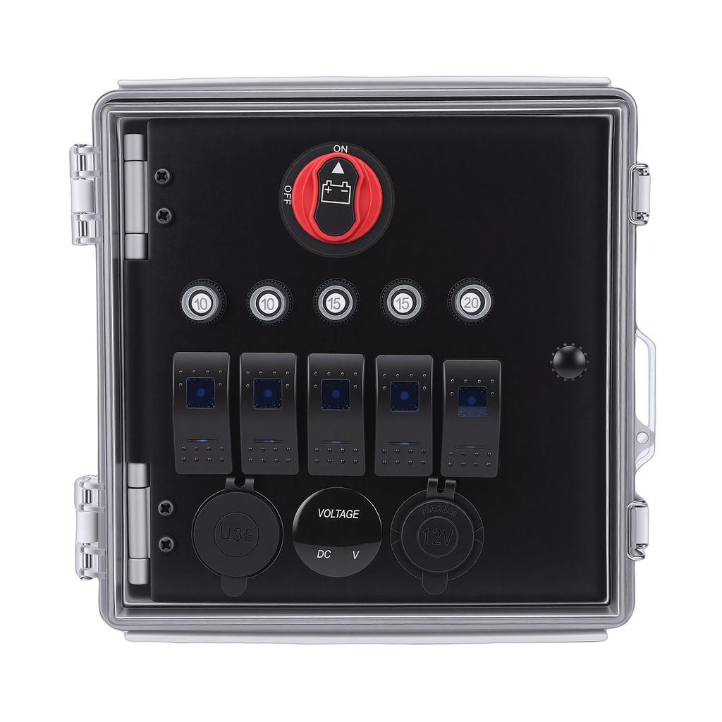 Wasserdichte Box mit Kippschalter 5-fach 3-Positionen LED Kippschalter Panel mit Voltmeter USB-Ladegerät Typ B