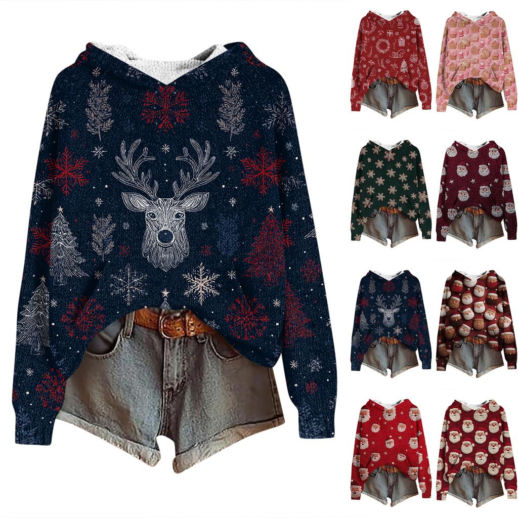 Women's Fashion Casual Long Sleeve Christmas Print Hooded Knitted Sweatshirt