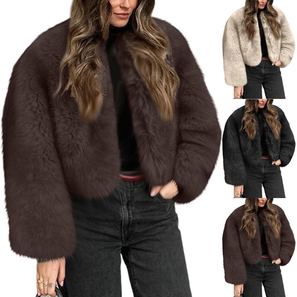 Women's Fashionable Warm Long Sleeve Solid-Color Furry Coat