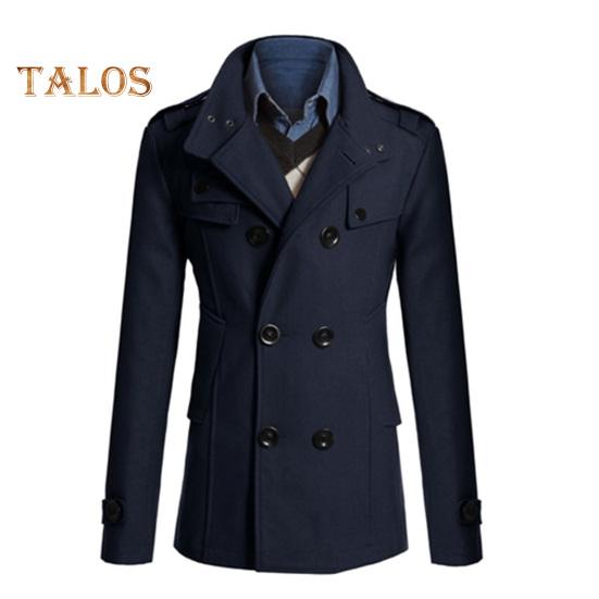 Men Woolen Coat Stand Collar Long Sleeve Windbreaker with Double-Breasted Closure Pockets Solid Color Mid-Length Outwear