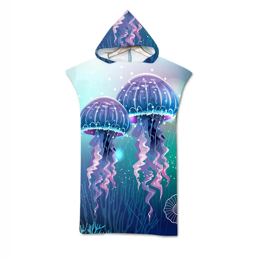 Jelly Fish Bath Beach Towel with Hood Microfiber Soft Hooded Robe Towel Poncho for Swimming Beach Surf Woman Bathrobe Beachwear