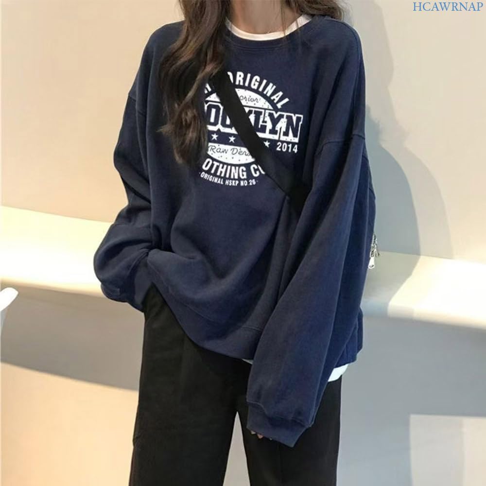 HCAWRNAP Pullover Sweatshirt with Alphabet and Logo Oversized Loose Long Korean HC34 Women's Print, Sweatshirt, Fit, Sleeves, Cute, Style, Stylish,