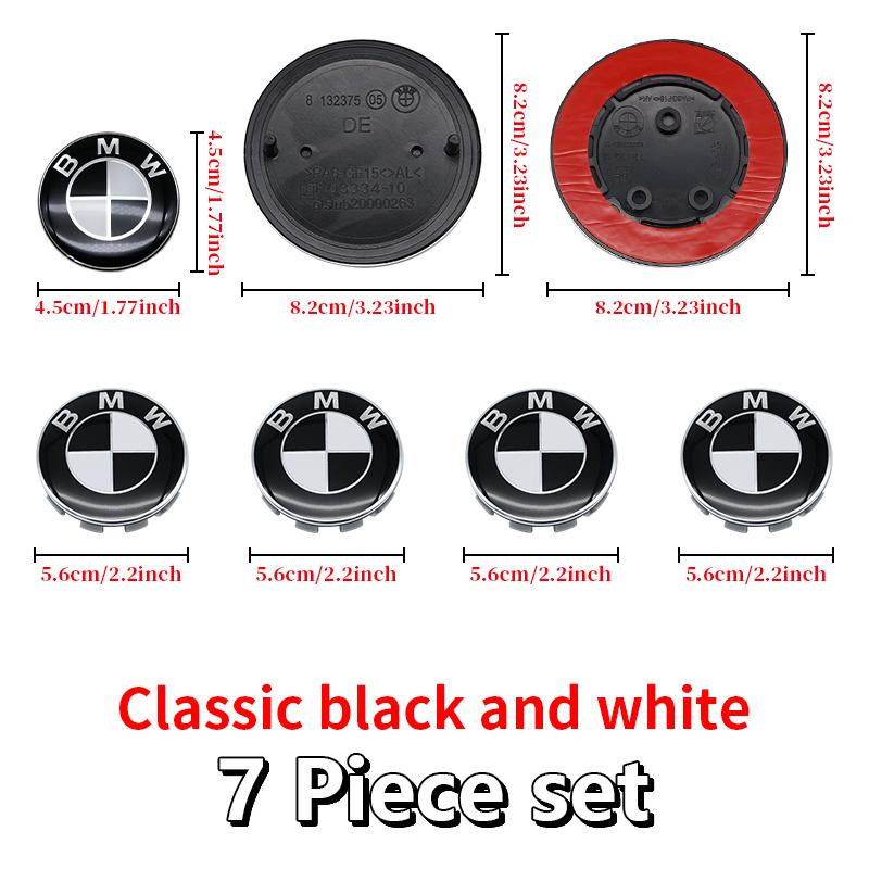 Universal Base Black White Badge Set for BMW 7Pcs 68mm 56mm 82mm 74mm Hood Trunk Wheel Steering Logo 7Pcs 2-Pin 3-Pin Clips Kit