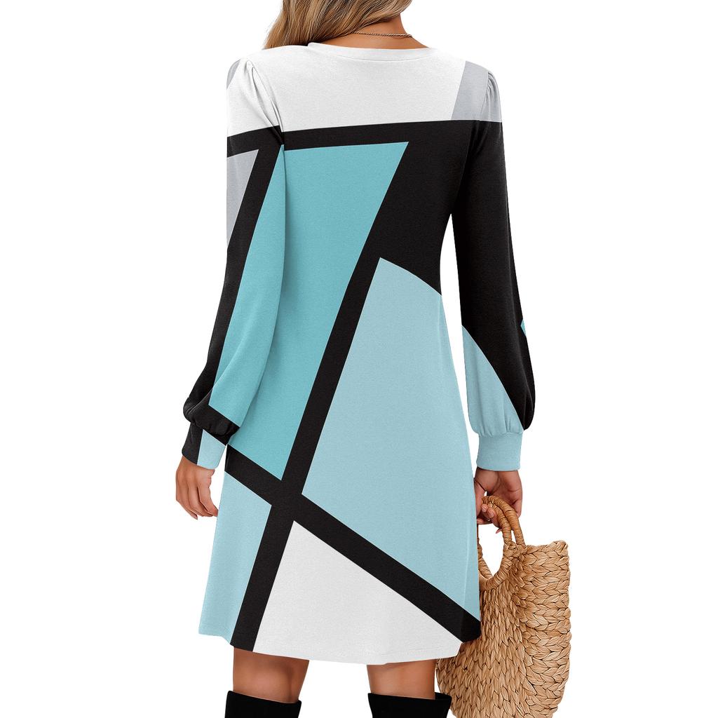 Ladies' Printed Casual And Fashionable V-neck Long Sleeved Mid Length Dress