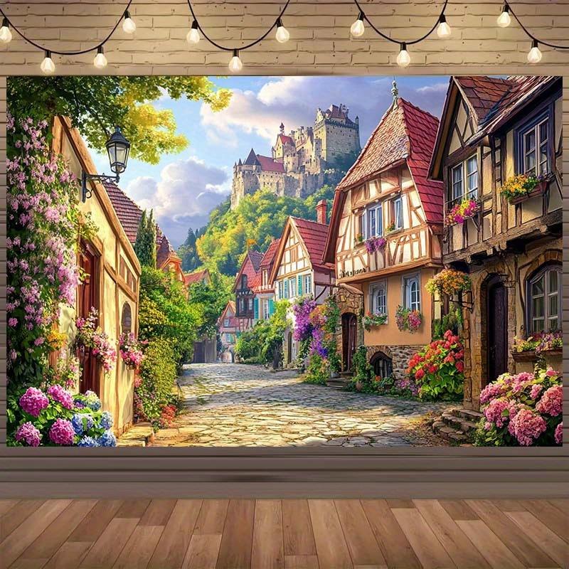 

1pc Christmas Village Backdrop with Charming Old Houses, Cobblestone Street & Blooming Flowers - Durable Polyester Fabric, No El 40x60cm