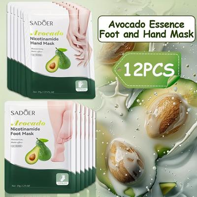 12pcs Avocado Extract Hand & Foot Care Masks, Formulated with Plant Extracts, Lightweight, Fast-absorbing Formula