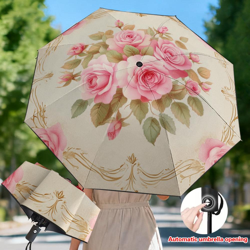 

1pc Automatic Open/Close Umbrella with Pink Roses & Golden Accents - Heavy-Duty Automatic Open/Close Mechanism, Compact Foldin (as the picture,Iron&8K)
