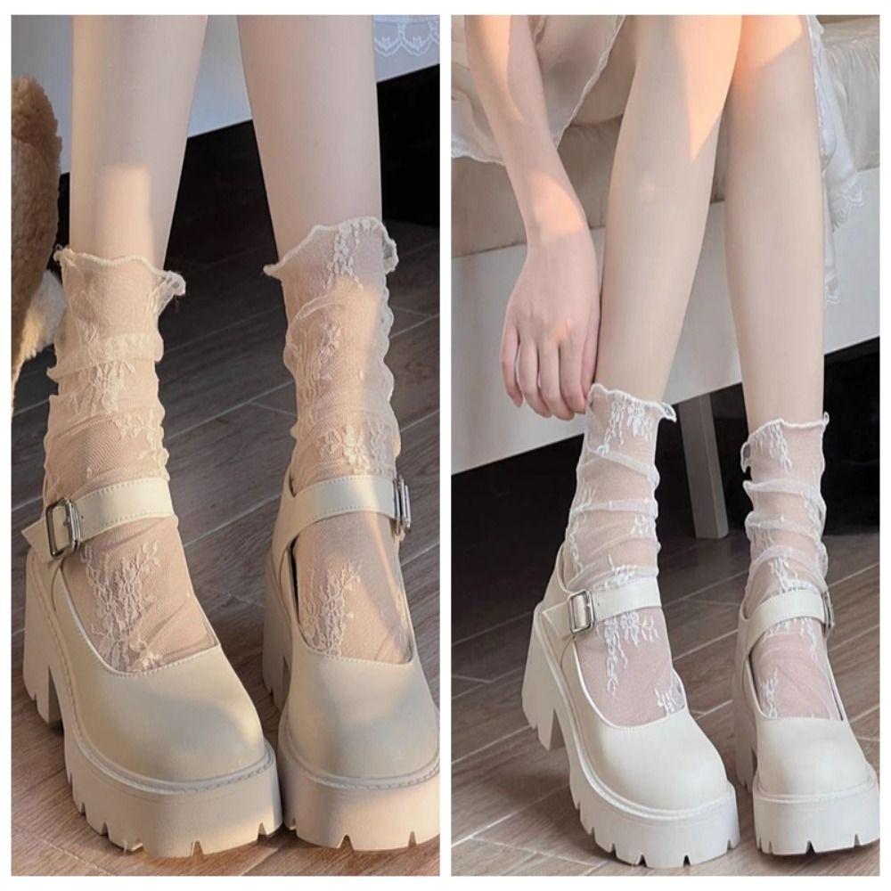 Transparent Mesh Flower Lace Socks Chic Floral Tulle Thin Pile Up Socks Breathable   Female