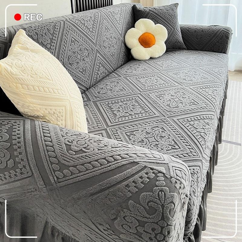 New Skirted Sofa Cover All Purpose  Four Season Anti Cat Scratch  Straight Row Three Seat Sofa Cover Cloth