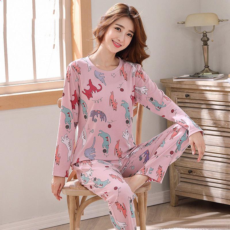 Set Pijama Dama Desen Animat - Cămașă cu Mânecă Lungă și Pantaloni, Haine de Casă pentru Studente Mignone pentru Primăvară și Toamnă