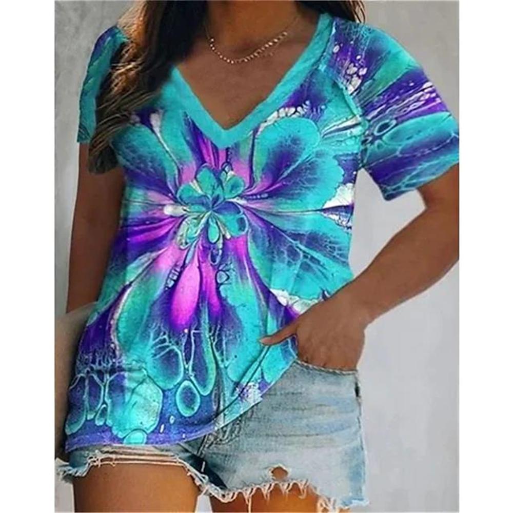 Fashion V-Neck Short Sleeve Colorful Tassels Print T-Shirts Summer Casual Elegant Women's Large Size T-Shirts