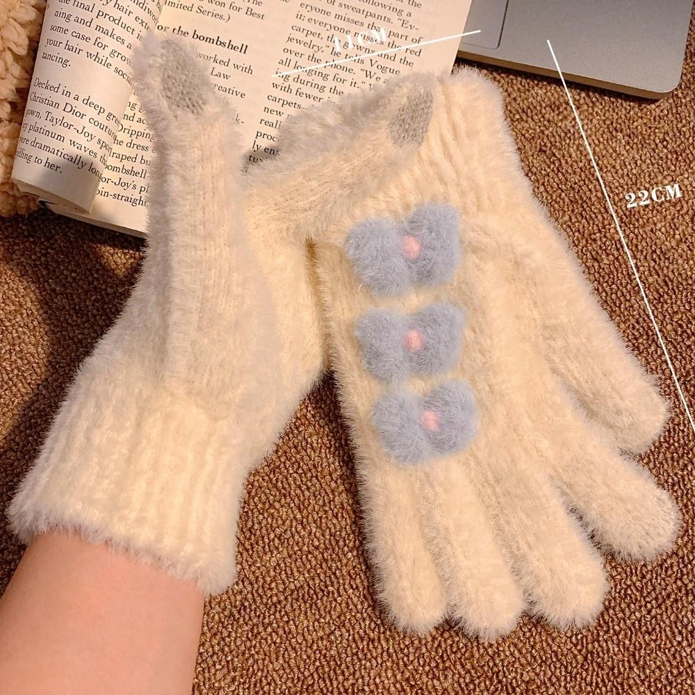 Fuzzy Bow Decorated Knitted Full Finger Gloves Polyester Warm Plush Gloves Cycling Use