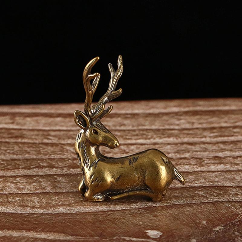 1Pc Retro Brass Elk Miniature Figurine Mini Deer Statue Home Desktop Ornament Decors Festival Decoration Accessories