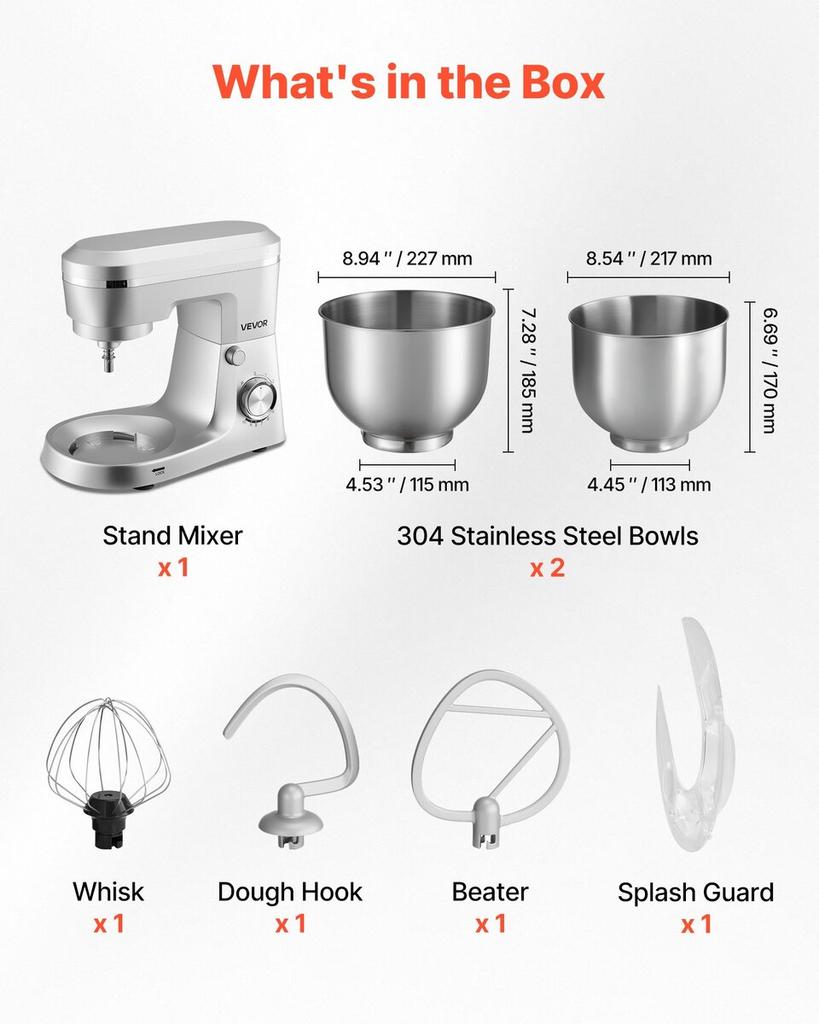 Stand Mixer, 4.2 L+5.7 L Electric Kitchen Mixer, 1500W Dough-Mixer, 10 Speeds Tilt-head Food-Mixer with Stainless Steel Bowls, Dough Hook, Whisk,