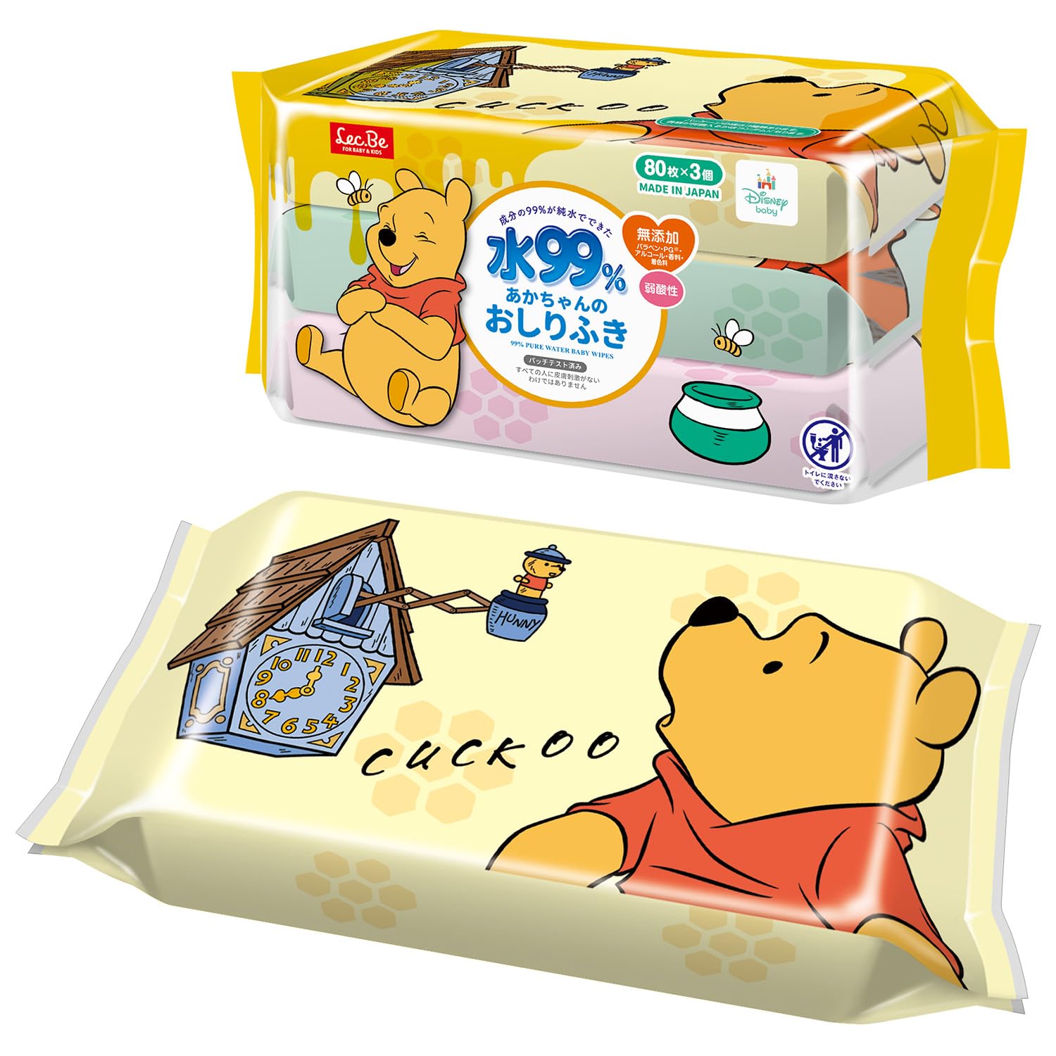 

LEC Disney Pure Water Baby 80 sheets x 3 packs the Mild Made in No Additives Propylene or 99% Wipes, (Winnie Pooh), Acidity, Japan, (Parabens, Glycol, белый