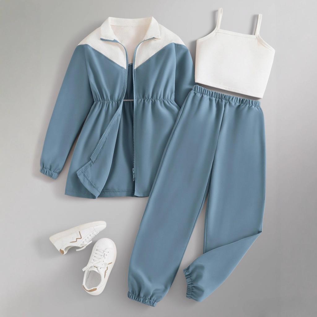 Girls' Fashionable Blue Multi-color Coat Set Autumn Children's Casual Halter Pants Set Of Three Pieces