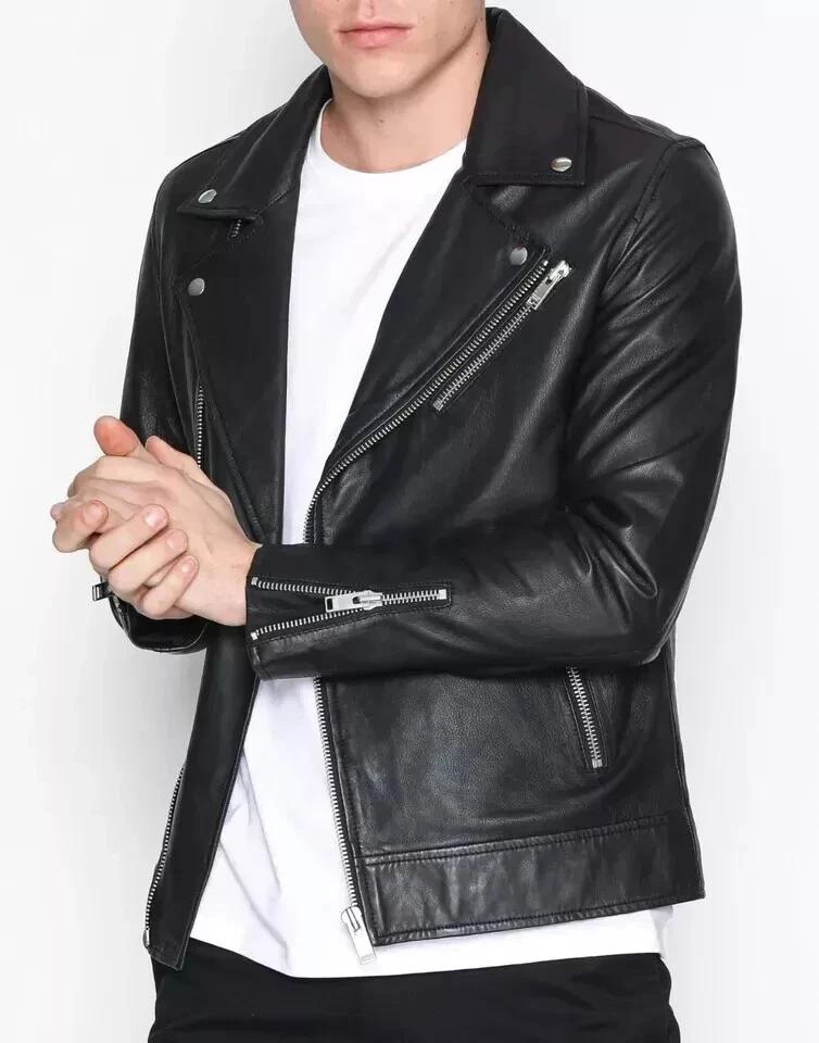 Black Stylish Leather Handmade Genuine Fit Lambskin Biker Real Soft Men's Jacket