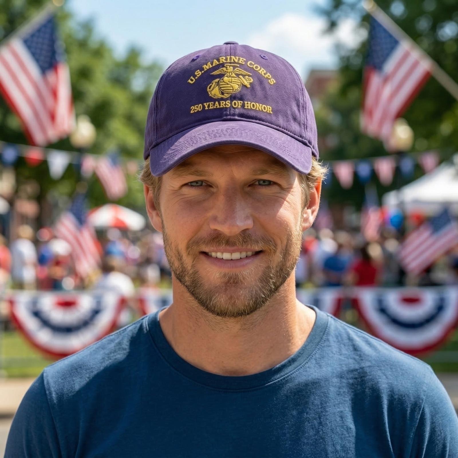 

Embroidered Baseball Cap with US Marine Corps 250 Years of Honor Print Adjustable Cotton Hat Classic Style Unisex Design One Size фиолетовый