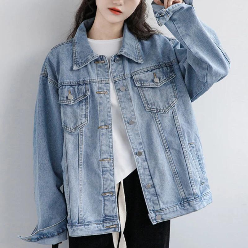

Vintage Women Jacket Spring Autumn Oversize Denim Jackets Washed Blue Jeans Coat Turn-down Collar Outwear Jacket XS синий