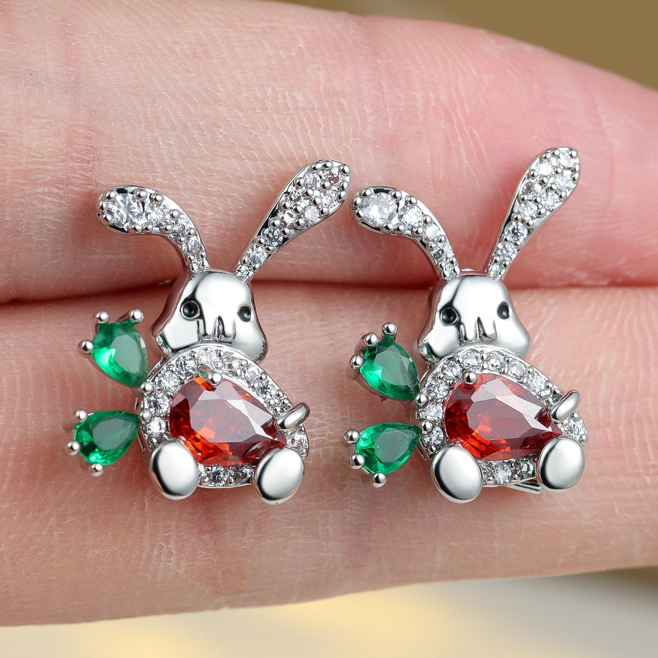 

Female Small White Red Green Zircon Stone Rabbit Stud Earrings Vintage Gold Color Wedding Party Gift Jewelry For Women