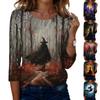 Womens Casual Halloween Graphic T Shirt Crew Neck Three Quarter Sleeve Top Lightweight Printed Tee for Fall Seasonal Wear
