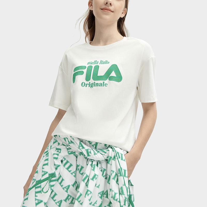 FILA Letter Print Fashion Casual Loose Color Block Short Sleeve Drop Shoulder T-Shirt Women Tops Cloud-Mushroom-White F11W419106F-WT