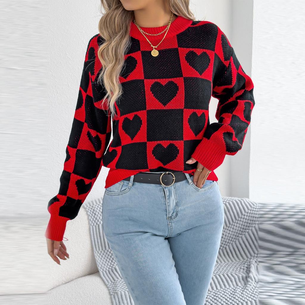 Women's Round Neck Contrasting Plaid Love Long-sleeved Pullover Sweater