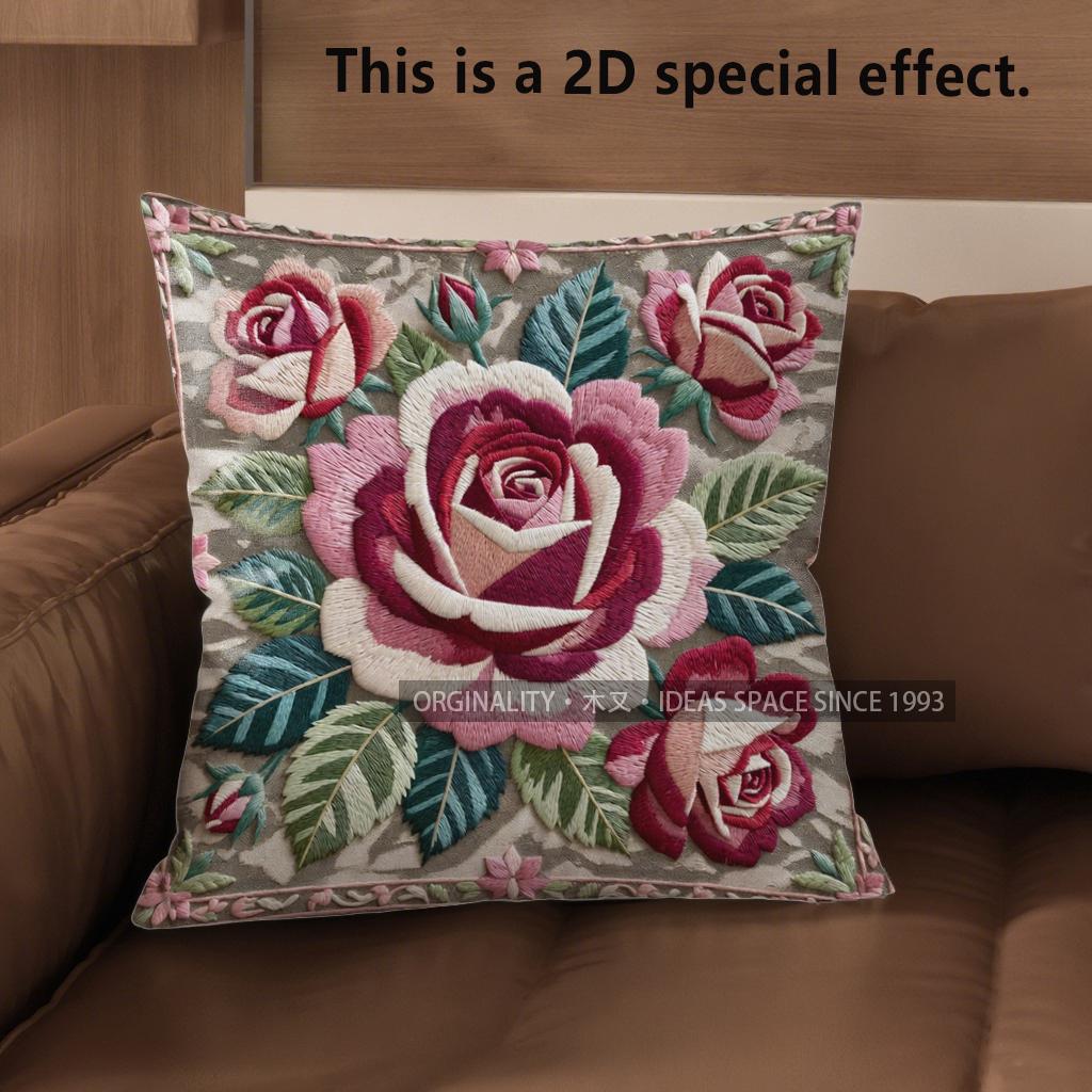 2D Vintage Floral Rose Decorative Throw Pillow Covers Pattern Cushion Cover Suitable For Sofa Bedroom Car Pillow Cover