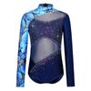 Kids Girls Performance Leotard: Long Sleeve Mock Neck with Mesh Patchwork & Butterfly Print Rhinestone Bodysuit Back Zipper