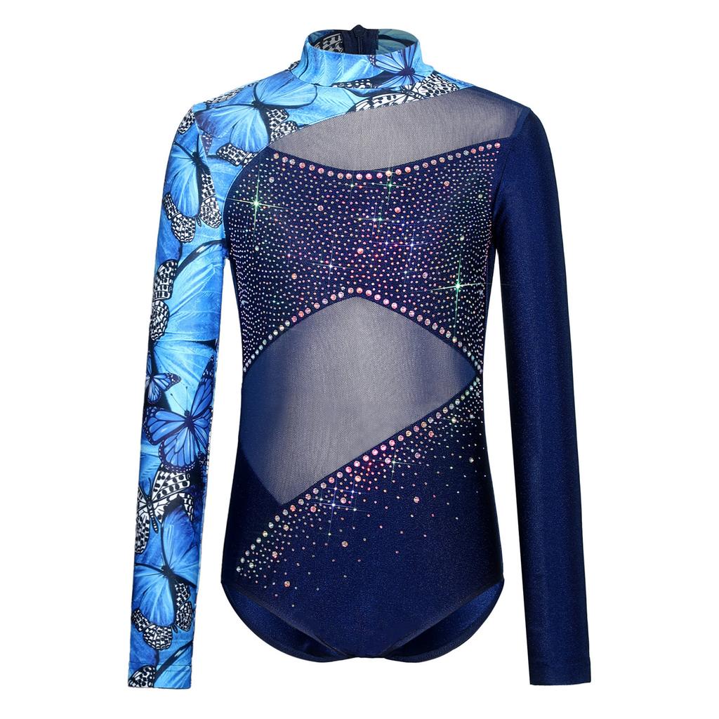 Kids Girls Performance Leotard: Long Sleeve Mock Neck with Mesh Patchwork & Butterfly Print Rhinestone Bodysuit Back Zipper