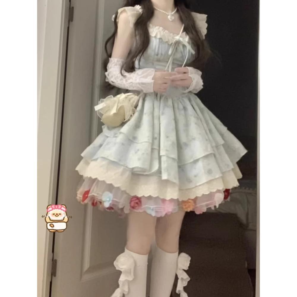 Sweet Spice Girl Pink Floral Dress Female Small Summer Beautiful Waist Fluffy Short Skirt College Style Cake Dress