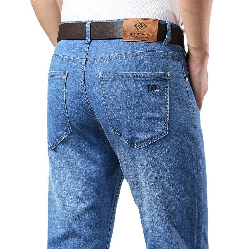 New Ice Silk Denim Trousers for Men Loose Straight-Leg Summer Ultra-Thin Style Business Casual Stretch Trousers