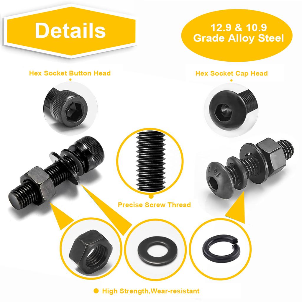 1400 czarnych śrub sześciokątnych z łbem podkładkowym i łbem połówkowym, zestaw kombinowany śruba + podkładka + nakrętka.