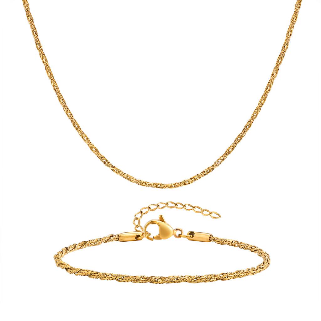 Ladies Stainless Steel Plated 18K Gold Braided Twist Chain Necklace Bracelet Nc-