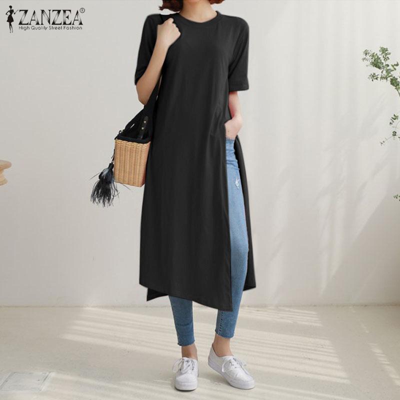 

ZANZEA Летние повседневные женские длинные топы с круглым вырезом и коротким рукавом с разрезом подол