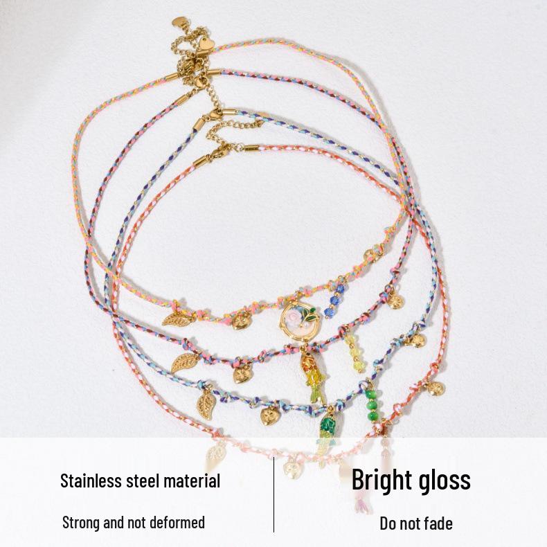 European & American DIY Multicolor Braided Rope Necklace with Stainless Steel Pendants
