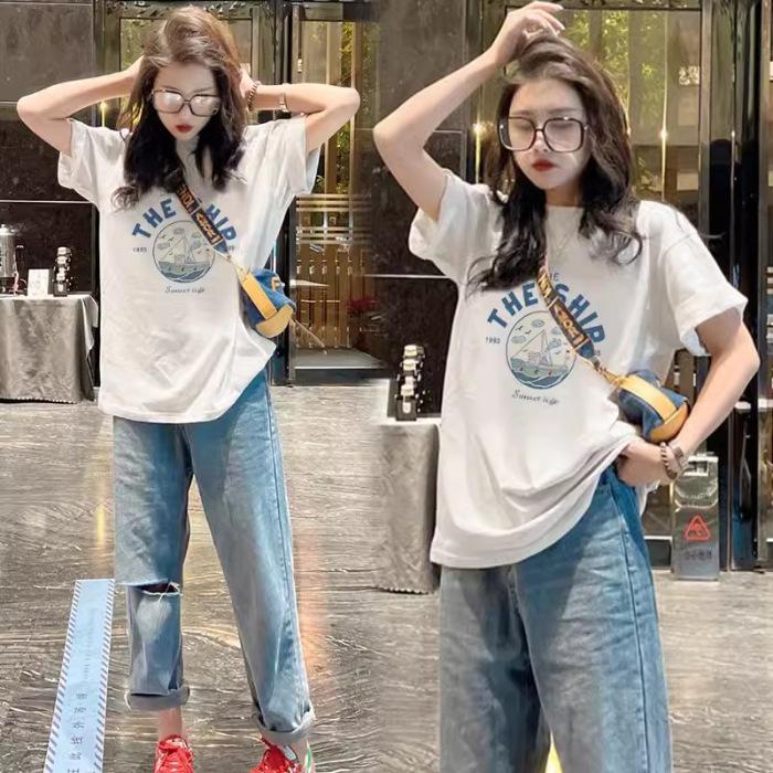 

Cotton printed T-shirt 2025 new spring and summer solid color sweet and spicy round neck short-sleeved top women S белый